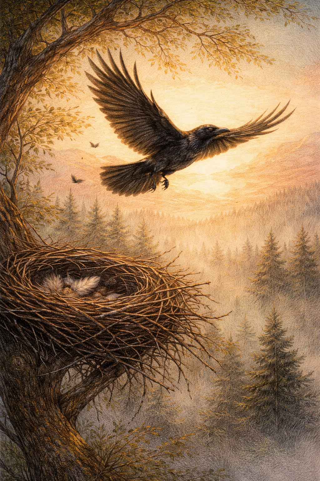 Cuervo alzando el vuelo desde el nido